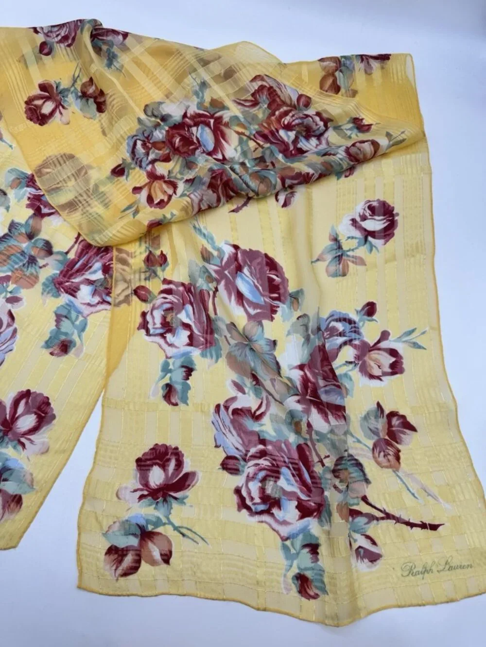 VTG Ralph Lauren Silk Chiffon Scarf Cabbage Roses, Stripes Cottagecore 15